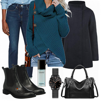 Outfit mit Schwarz/Braun/Dunkelrot Lederjacke/Flache Stiefelette/Chelsea Boot Ecco "Desires mantel"