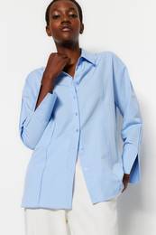 Light Blue Rib Detailed Oversize Wide Cut Woven Shirt with Slits on the Sleeves
