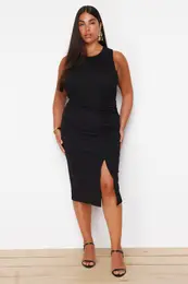 Curve Black Crepe Fabric Midi Knitted Skirt with Drape and Slit Detail
