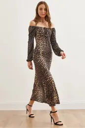 Women's Black Brown Lace Detailed Slit Maxi Leopard Dress