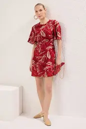 Burgundy Tropical Floral A-Line Viscose Mini Woven Dress