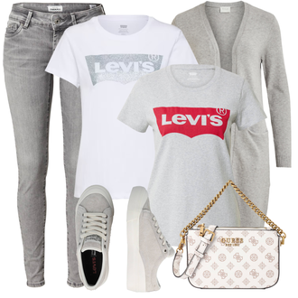Outfit mit Rot Ballonshirt/Basic Top/Casual Top/Cropped Shirt/Strick Top/Strickshirt/Hemdoberteil/Kurzes Oberteil/Boucle Strickjacke/Rundhals-Strickjacke/Kurze Strickjacke/Kurzarm Strickjacke/Stehkragen-Strickjacke/Sommerstrickjacke/Vintage Strickjacke levi's ® "Schöner Sommer Look"