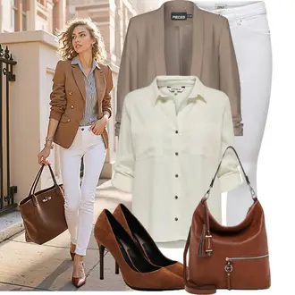 Frühlings Outfits Old Money mit Grau/Weiß/Creme Lederjacke/Herren Lederjacke Only, Braun/Orange Eleganter Schuh/Vintage Pumpe/High Heel/Hochfrontpump/High Heel Pumps MOOMMO "Freizeit Outfit für den Frühling"Look: Coole, Old Money, Nahtlos, Schön, Disco, Stil, Classic, Elegant, Burlesque, Französische