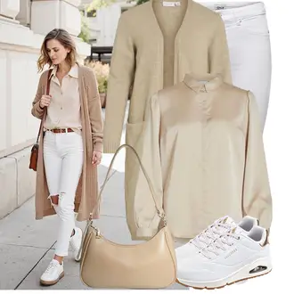 Frühlings Outfits Old Money mit Grau/Creme/Weiß/Silber Cropped Jeans/Winterjacke/Damen 7/8-Länge Jeans/Slim Fit Jeans/Low Rise Jean/Caprijeans/Biker Jeans/Leder Schuhe/Jeans mit Schlitz/Push up Jeans Only, Khaki/Beige/Braun/Weiß/Gold Seidenbluse/Bluse mit Stehkragen/Satinbluse Vila, Beige/Braun/Khaki Schultertasche/Umhängetasche/Baguette-Tasche Hoxis "Schönes Frühlingsoutfit"Look: Rap, Coole, Old Money, Disco, Schön, Nahtlos, Büro, Uni, Mit Transparent, Burlesque, Schick, Stil, Indoor, Jazz, Safari, Classic, Elegant