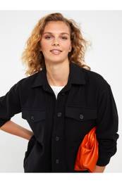 Front Button Closure Plain Long Sleeve Women's Tweed Shirt Jacket