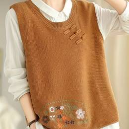 Flower Embroidery Disc Thin Knitted Vest For Women, Loose Spring And Autumn Neck, Sleeveless, Layerable Waistcoat