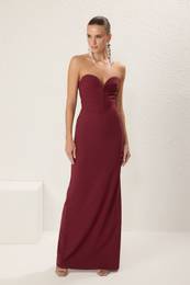 Burgundy Strapless Woven Long Elegant Evening & Graduation Dress