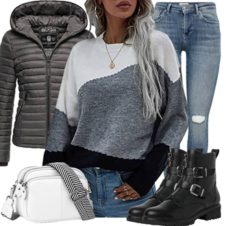 Elegant Abendessen Winter Outfit mit Grau/Dunkelblau Rundhals Pullover ASOMI "Perfekt für den Winter"Look: Boyfriend, Casual, Elegant, Sexy, Sportlich, Schick, Schön, Attraktive, Büro, Stil, Lagenlook, Outdoor, Oversize, Maritim, Weihnachten, Ball, Abendessen, Halloween, Wasen, Pop Konzert, Strandtag, Schule, Hütten
