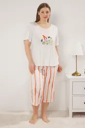 Curve Beige Striped Capri Boy Knitted Pajama Set