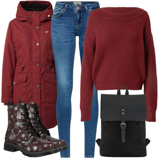Outfit s Černá Kozačka Šněrovací Kotníková Bota/Zimní bota/Nízká bota na podpatku/Šněrovací Bota Dockers by Gerli "Outfity na zimu"