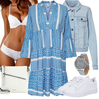 Outfit mit Hellblau/Blau Bedrucktes Kleid/Boho Kleid Sommer/Sommerkleid/Gesmoktes Kleid/Tunika Kleid/Boho Kleid Elegant Only "Sommerliches Freizeit Outfit"