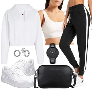 Rad­fahren Outfit mit Weiß/Grau/Dunkelgrau/Silber Ohrstecker/Ohrclip/Creole Pandora "Sportliches Outfit"look: Rad­fahren