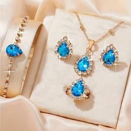 Elegant Women's Jewelry Set, Luxurious Style, Water Drop Shaped Blue Rhinestone, Includes Necklace, Bracelet, Ring, Earrings Set For Evening & Special
