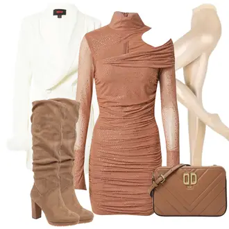 Festival Outfit mit Braun/Orange/Beige/Gold Kleid Große Größe/Asymmetrisches Kleid/Bodycon-Kleid/Gewagtes Kleid/Herbstkleid/Hochgeschlossenes Kleid/Strickkleid/Mesh Kleid/One-Shoulder-Kleid/Sexy Kleid/Rollkragenkleid misspap "Outfit mit festlichem Kleid"