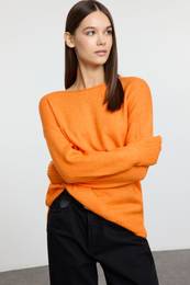 Orange Wool Boat Neck Basic Knit Sweater