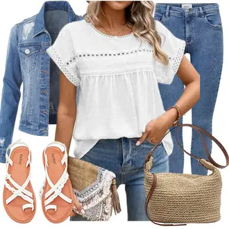 Jeans Outfit mit Grau/Weiß/Creme KurzarmBluse/Bluse Oberteil/Kinderspielzeug/Bluse mit Lochstickerei Teesho "Schöner Sommer Look"