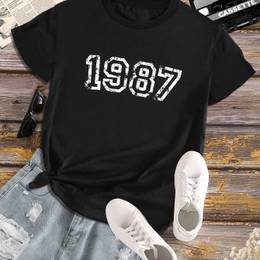 Bold Prints, Retro 1987 Graphic Tee For Women - Casual Crew Neck, Short Sleeve, Stretchy Polyester , Machine Washable - Spring/summer