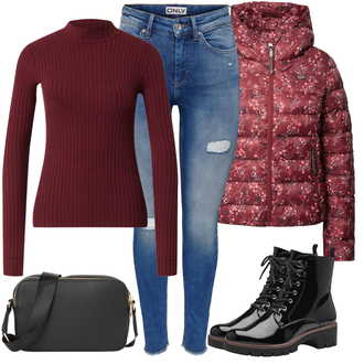 Sjaj Outfit sa Crna Gumena Gležnjača/Čizma na Vezanje/Borbena Čizma/Kožna Jakna Tamaris "Zimski outfit"