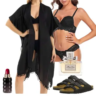 Outfit mit Schwarz/Braun/Lila Strand Shirt/Strand-Tunika/Strandtop/Beachwear/Strandtuniken Genovega "Modisches Premium Outfit"