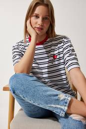 Happiness stanbul Women's White Crew Neck Striped Knitted T-Shirt