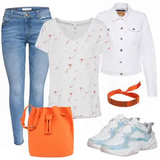 Outfit mit Grau/Creme/Hellgrau/Weiß Mantel/Bluse Große Größe/Crop Jacke/Kurzjacke/Jeansjacke/Shirtjacke/Kurze Jeansjacke/Sommerjacke Only "Stylish"