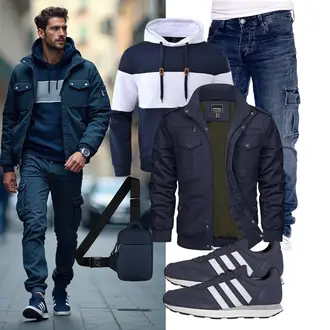 Outfit mit Dunkelblau/Blau Herbstjacke/Winterjacke/Cargojacke/Uniformjacke/Militärjacke TACVASEN "Freizeit Outfit"