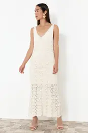 Stone Openwork Maxi V Neck Maxi Knit Dress