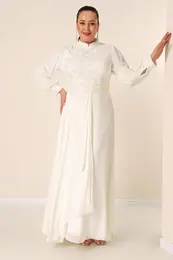 By Sayg Beaded Embroidered Lined Plus Size Long Chiffon Dress with Flounce on the Front