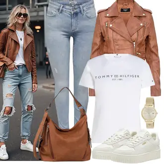 90er, Stil Outfit mit Hellblau/Blau Lederjacke Only "Modisches Freizeit Outfit"Look: Rap, Stil, Schön, Coole