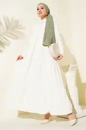 1627 Collar Lace-Up Hijab Dress - Cream