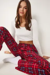 Happiness stanbul Women's Red Navy Blue Patterned Soft Texture Knitted Pajama Bottoms