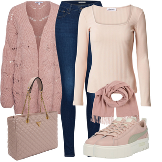 Kombinacije za festival Boho sa Pink/Ljubičasta Pletenina/Pletivo Veći Broj About You "Jesenski outfiti"Look: Sveučilišna, Za Kuću, Boho, Etno