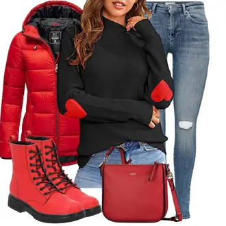 Spanische Outfit mit Schwarz/Rot Oversized Pullover Saodimallsu "Winter Outfit"Look: Boyfriend, Casual, Elegant, Goa, Büro, Stil, Business, Italienische, Schön, Französische, Coole, Spanische, Festlich