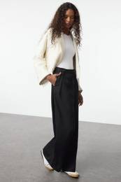 Black Button Detail Pleated Wide Leg Wide Leg Woven Trousers