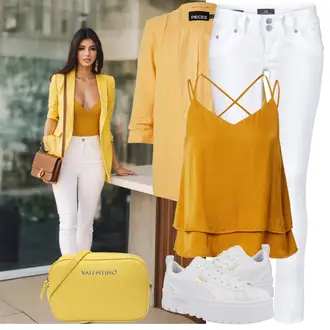 Outfit mit Gelb/Orange Lederjacke/Lederjacke für Männer/Boyfriend Blazer/Kurzblazer/Eleganter Blazer/Longblazer/Oversize Blazer/Blazerjacke/Blusenblazer Pieces "Sommer Look"