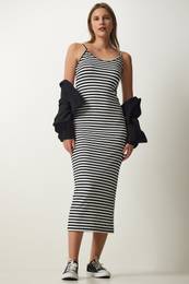 Happiness stanbul Women's Black and White Strappy Ribbed Pencil Dress