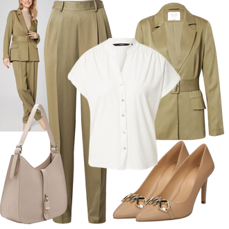 20er Jahre Outfit mit Beige/Khaki Hose Große Größe/Business Hose/Bügelfaltenhose/Anzughose/High Waist Hose/Hose mit Schlitz/Bundfaltenhose/Bundfaltenhose guido maria kretschmer women "Business Look"Look: Uni, Rad, 20er Jahre, Edel, Elegant, Büro, Old Money, Outdoor
