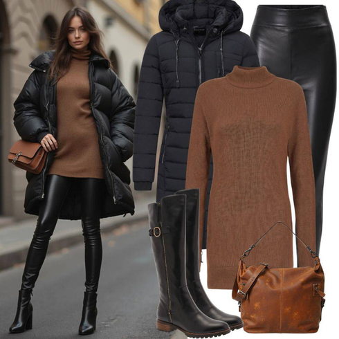 Comment poter Noir Pantalon Grande Taille Leggings Grande Taille/Pantalon Grande Taille/Legging Aspect Cuir/Pantalon en Simili Cuir/Legging en cuir/Leggings Scrunch/Legging en Velours Côtelé/Legging Doublé/Pantalon en Cuir Studio Untold avec Marron/Orange T-shirt Chemise À Col Roulé/Pull à Col Montant/Pull à Col Roulé goldner