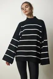 Happiness stanbul Women's Black High Neck Striped Oversize Knitwear Sweater