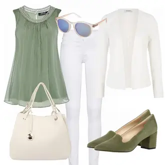 Outfit mit Weiß/Schwarz/Braun Bluse mit Lochstickerei/Bluse Oberteil/Kinderspielzeug/Schößchen­bluse/Verspielte Bluse/Volantbluse/Damen 7/8-Länge Jeans/Cropped Jeans/Schlaghose Jeans/Jeans-Culotte/Bundfaltenjeans/Formelles Hemd/Wide Leg Jean Only "Greenie"