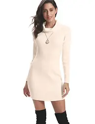 Abollria Damen Strickkleid Rollkragen Langarm Stretch Pullikleid Lang Strickpullover Elegant Minikleid für Winter ,M Beige