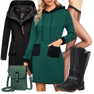 Patchwork Outfit mit Dunkelgrün/Türkis/Grün PulloverKleid/Hoodie Kleid Clearlove "Modisches Winter Outfit"