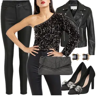 Party Outfits mit Schwarz/Weiß Lederjacke/Lederimitathose/Lederlegging/Leggings Lederoptik/Lederhose/Skinny Hose/Treggings/Biker Jeans/Thermojeans Vila "Frauen Outfit mit festlichem Oberteil"