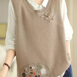 Floral Embroidery Plate Vest, Casual Crew Neck Sleeveless Vest For Spring & Fall, Women's Clothing