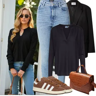 Outfit sa Plava/SvjetloPlava Kožna Jakna/Zimska jakna/High Waist Traperice/Traperice s Prorezom/Traperice s Rupom/Push-up Traperice Pieces "Proljetni Outfit"