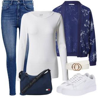 Outfit sa Plava/Tamnoplava Bomber Jakna/Bluza-jakna/Jacquard Jakna/Kimono jakna/Slip jakna/Proljetna jakna About You "Zimski outfit"