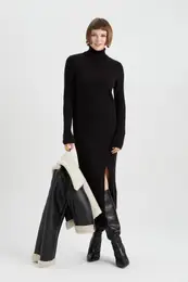 Fitted Turtleneck Basic Plain Long Sleeve Slit Midi Knit Dress
