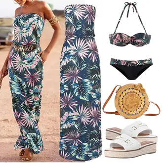 Outfit mit Grün/Blau/Orange/Rosa Strand-Tunika/Strandtuniken/Kaftan/Strand-Accessoire/Beachwear SEBOWEL "Outfit Für Den Sommer"