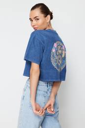 Indigo 100% Cotton Faded Effect Back Printed Crop Crew Neck Knitted T-Shirt