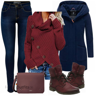 Outfit mit Dunkelrot/Lila/Rot/Bordeaux Klassischer Stiefel/Winter Stiefelette/Leder Stiefelette/Flache Stiefelette/Gefütterte Stiefelette/SchnürStiefelette Rieker "Modischer Look für den Herbst"